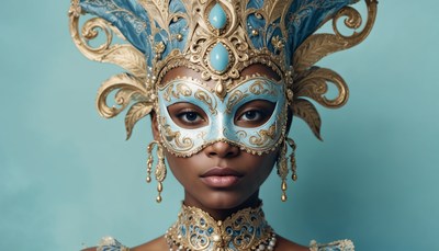 Beautiful woman in elegant blue masquerade attire