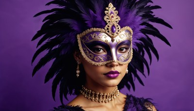 Elegant woman in purple feathered mask at festive event