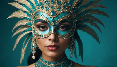 Elegant woman in a vibrant mask with feathers