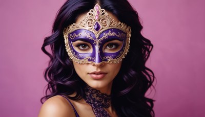 Elegant woman wearing a purple masquerade mask