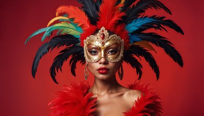 Vibrant carnival dancer in elaborate feathered costume