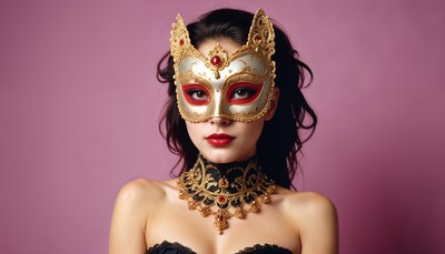 Elegant woman in ornate mask and jewelry poses for portrait