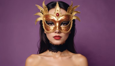 Intricate golden mask worn by a woman with dark hair