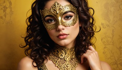 Elegant woman wearing a golden mask with curls