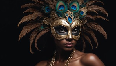 Elegant woman in vibrant mask with peacock feathers