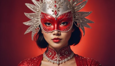 Stylish woman in ornate red mask and costume
