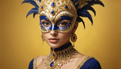 Elegant masked figure in blue and gold attire