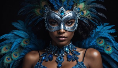 Stunning masquerade costume with blue feathers and mask