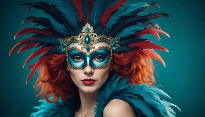 Vibrant masquerade costume with colorful feathers and mask