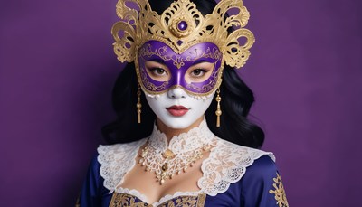 Elegant woman in ornate mask against purple background