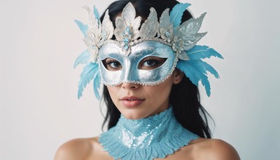 Woman in blue mask and costume with feathers and sequins