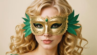 Elegant woman in golden mask with green accents