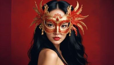 Elegant woman in red mask with intricate design