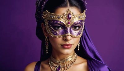 Elegant masked woman in purple attire and jewelry