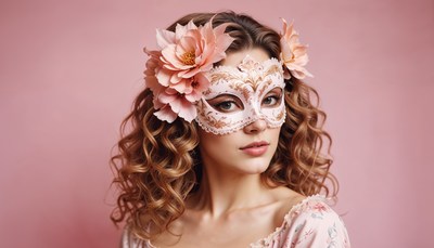Elegant woman wearing floral mask and soft curls