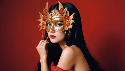 Elegant woman in a golden mask poses against a red backdrop
