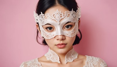 Elegant woman wearing lace mask in soft pink background
