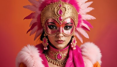 Vibrant masquerade costumer poses against colorful backdrop