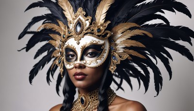 Elegant woman in ornate mask and feather headpiece