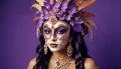 Elegant masked dancer in purple themed costume
