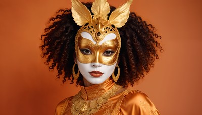 Elegant masked figure poses against an orange backdrop