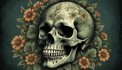 Floral skull design with intricate details and shadows