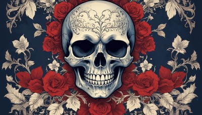 Artistic skull surrounded by red roses on dark background