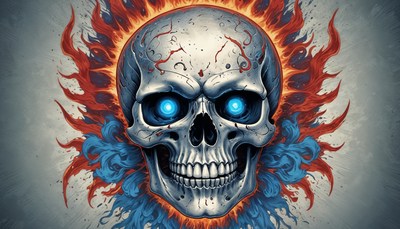 Skull design with flames and blue eyes creating intensity