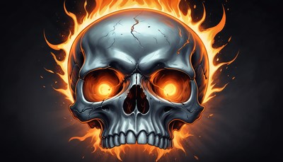 Skull with fiery orange eyes and flames in background