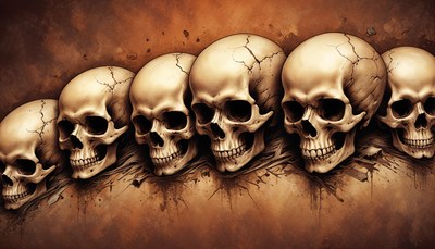 Six skulls lined up on a textured backdrop