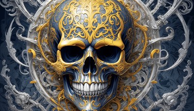 Skull with intricate golden and blue detailing