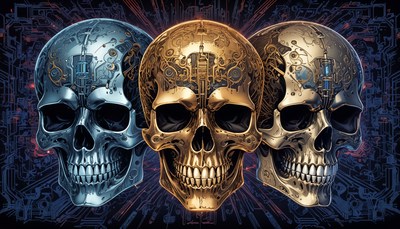 Three intricately designed skulls in a surreal setting