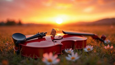Violin resting on grass during sunset with daisies