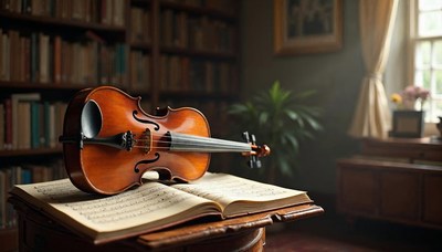 Violin resting on sheet music in a cozy library