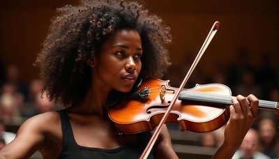 Young violinist performs in concert hall during evening
