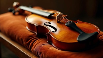 Beautiful wooden violin resting on a soft cushion