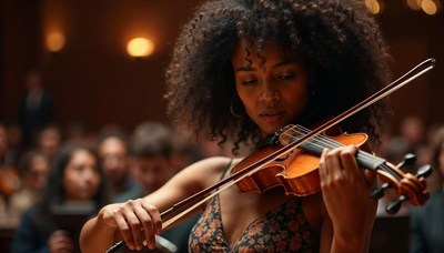 Young woman performing with violin in concert hall setting