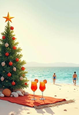 Beach celebration with tropical drinks and christmas tree