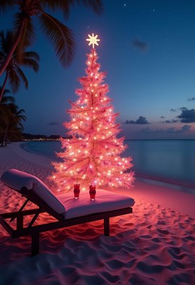 Christmas tree illuminated on a tropical beach at dusk