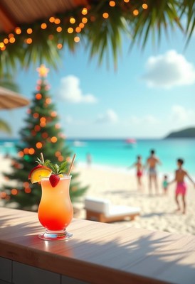 Festive cocktail on the beach with family enjoying summer