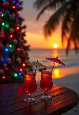 Sunset cocktails by the beach during festive season