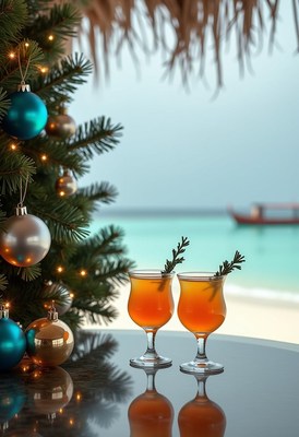 Holiday cocktails by the beach with a festive tree