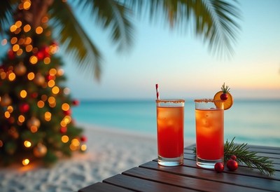 Tropical drinks by the beach near the holiday tree
