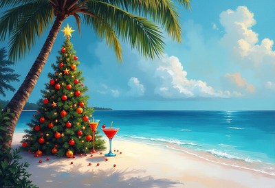Christmas celebration on a beach with tropical vibes