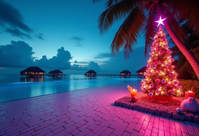 Tropical christmas celebration by the ocean at sunset