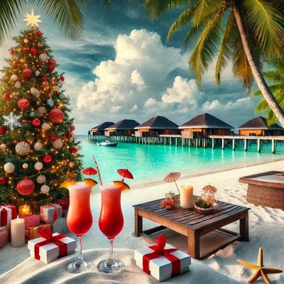 Tropical beach holiday with drinks and gifts