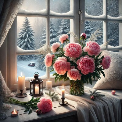 Winter window view with pink flowers and candles