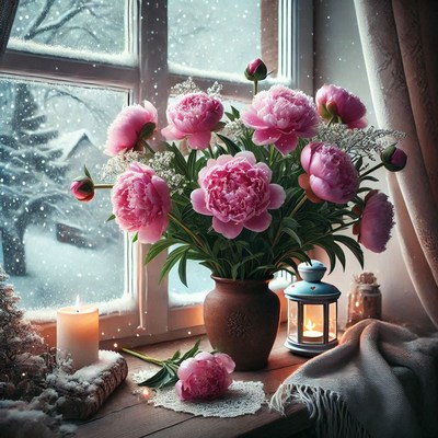 Beautiful peonies in a cozy winter setting by the window