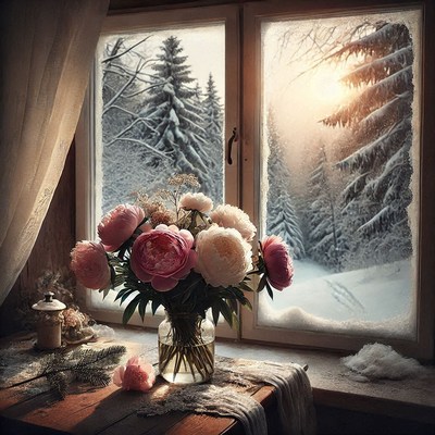 Winter morning with flowers by the snowy window