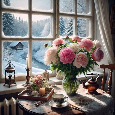 Beautiful winter morning with flowers and tea by the window